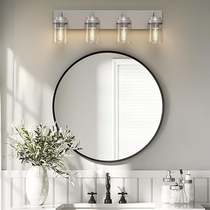 Bathroom Lighting Fixtures, 4-Light Bathroom Vanity Lights Over Mirror, Brushed Nickel Vanity Light with Glass Shade, Modern Vanity Lighting Fixtures for Bathroom, Bedroom, Hallway