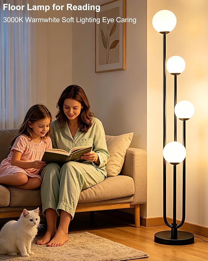 63IN 4-Light Dimmable Floor Lamp, Unique Black Tall Standing Lamps with Globe Shade &3000K Bulbs for Reading, Mid Century Modern Floor Lamp with 5Lbs Heavy Base for Living Room Bedroom Office