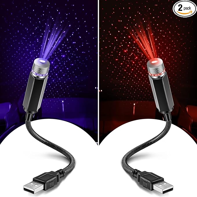 2 Pack USB Star Projector Night Light for Car, LED Night Lamp | Adjustable Starry Ceiling, Bedroom & Party Atmosphere, Plug-in USB, Rotating Projection, Interior Roof Decor