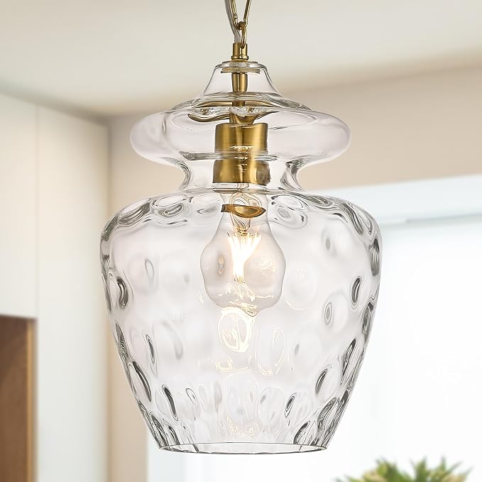 Modern Gold Pendant Lights Hammered Glass Pendant Lighting 9" Single E26 Hanging Ceiling Light for Kitchen Island Dining Room Hallway Bedroom Entryway