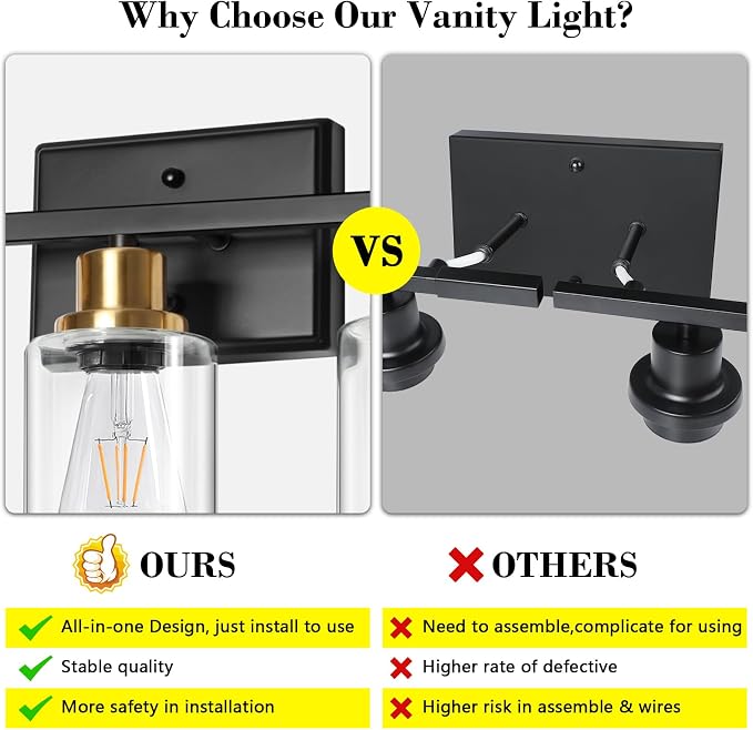 Ascher Bathroom Vanity Light Fixtures, 3 Light Wall Sconces Lighting with Clear Glass Shade, Black and Gold Wall Lights for Mirror, Kitchen, Living Room, Hallway, E26 Base (Bulbs Not Included)