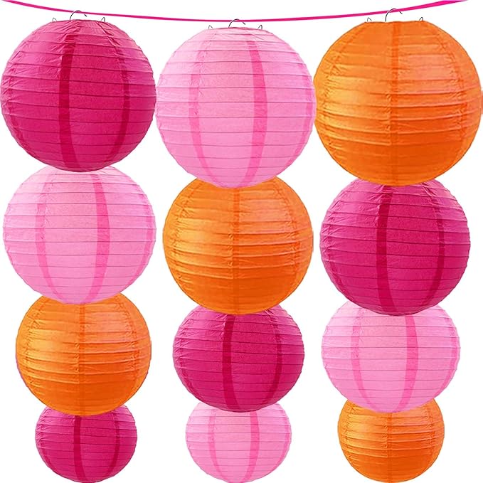 Hot Pink-Orange and Pink Paper Lanterns 12Pcs Hanging Lanterns for Birthday Party, Wedding, Home Decor, Baby Shower Festive Decoration