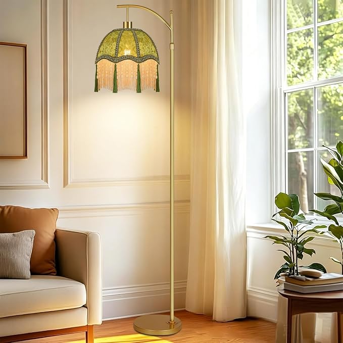 Vintage Floor Lamps for Living Room Boho Rustic Floor Lamp with Remote Control & 3 Color Temperature,Dimmable Gold Floor Lamp Mid Century Modern Standing Lamp Fringe Green Tall Floor Lamp For Bedroom