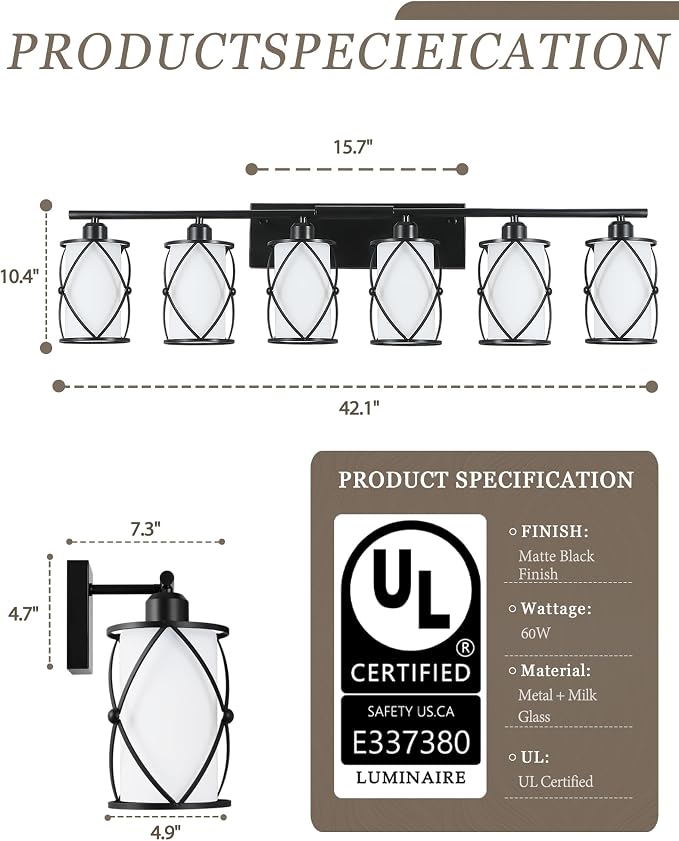 6-Light Matte Black Bathroom Light Fixtures Over Mirror, 42" UL-Listed Modern Farmhouse Wall Sconce Lights with Milk White Frosted Glass and Metal Cage for Bath, Hardwire E26, CH9176BKW-6W