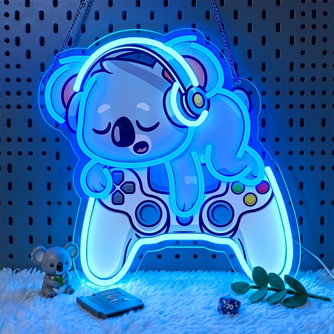 Koala Gaming Neon Sign 12.7x12.5in,USB LED Wall Decor with Dimmer | Neon Signs for Wall Decor,Cute Gamer Wall Decor for Bedroom,Game Room, Kids Room,Dorm