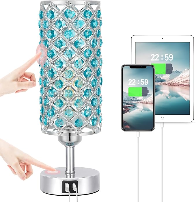 Hong-in Blue Crystal Table Lamp - 3-Way Dimmable Touch Control, Bedside Lamp with USB C and A Ports, Nightstand Light for Living Room, Bedroom, Home Office (Bulb Included)