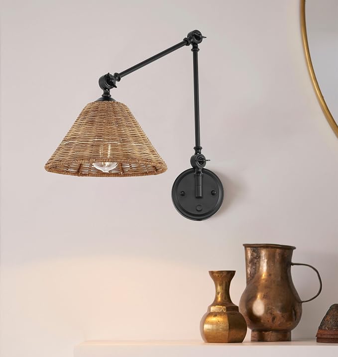 WINGBO Wall Sconce Rattan Wrapped Wall Lamp, Adjustable Swing Arm Wall Light Fixture Vintage Bedside Light Wicker Handmade Shade Reading Light Plug in or Hardwire (Black, 2 Pack)