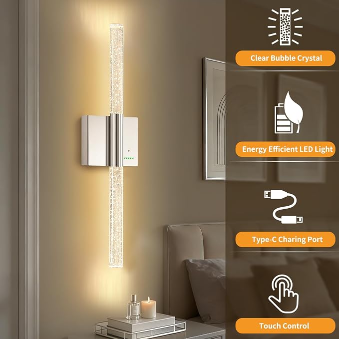 Battery Operated Wireless Wall Sconces, 2 Pack Dimmable Wall Lighting | Slypadan Extra Large Rechargeable Crystal-Inspired Bubble Modern LED Lantern for Indoor Corridor Entrance Hall, 28in Nickel