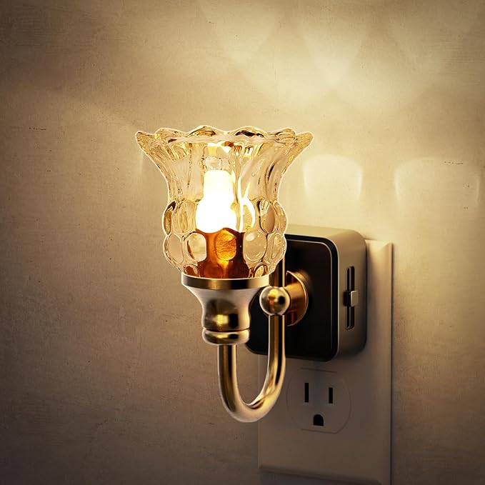 JandCase Night Light, Floral Night Lights Plug into Wall, Glass Nightlight | 0-100LM Dimmable Flower LED Nightlights with Light Sensor, 1W Vintage Nite Light for Bathroom Hallway Gift Vanity Decor