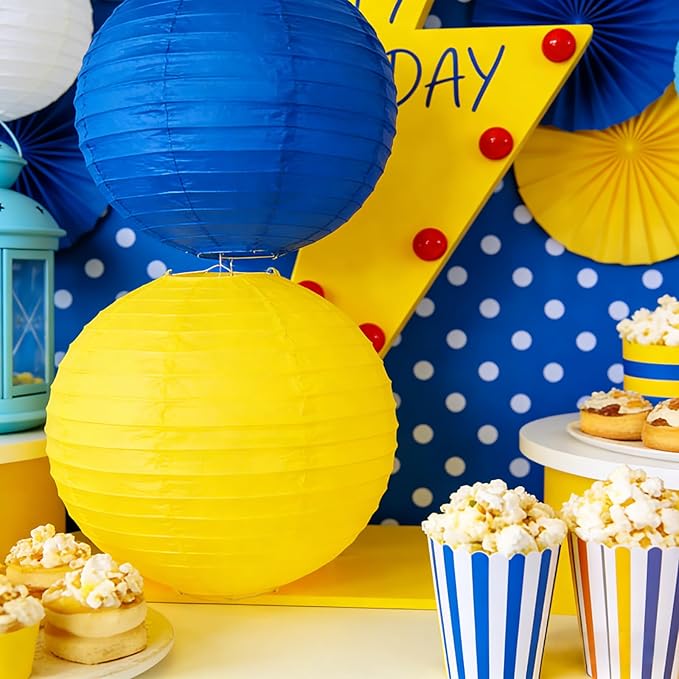 Bright Paper Lanterns Set (12 Pcs) - 6/8/10 Inch Navy, Yellow, Lemon Yellow, Light Blue & White Hanging Paper Lanterns for Ramadan, Cartoon Parties, Birthday,Sport,Weddings & Home Decor