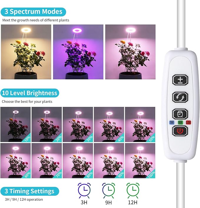 Halo Ring Grow Lights for Small Indoor Plants, Red+Blue+Yellow Light Full Spectrum LED Plant Light, Height Adjustable with 5V 2A Adapter, 3/9/12H Timer & 10 Dimmable Levels, Angel Ring 2 Pack