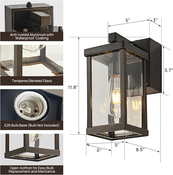 Porch Lights with GFCI Outlets Dusk to Dawn Outdoor Wall Lights Waterproof Exterior Lighting Fixtures Modern Outside Lights Wall Mount for House Patio Garage,11.8''H,1PC