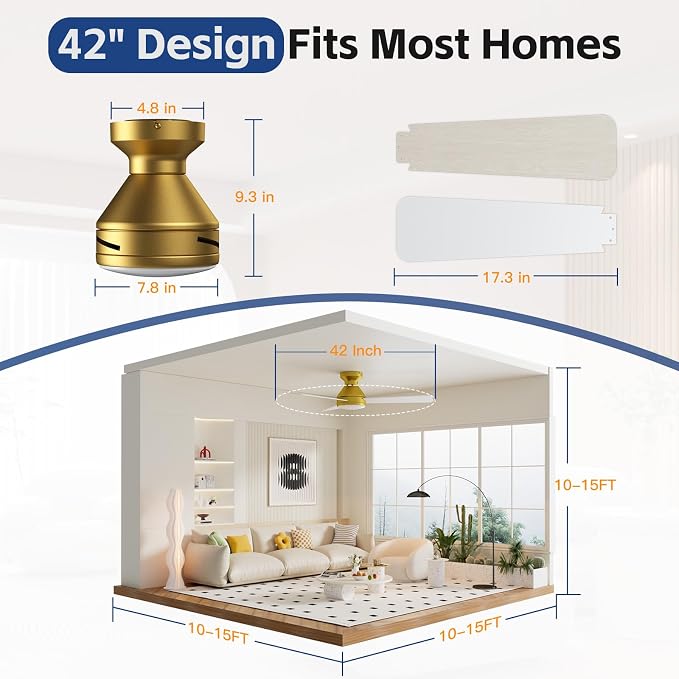 42 Inch Ceiling Fans with Lights And Remote, 3CCT/Flush Moun/6 Speed/Golden | Flush Mount Low Profile Ceiling Fan, 6 Speed Noiseless LED Ceiling Fan, White And Gold Ceiling Fan for Bedroom Living Room