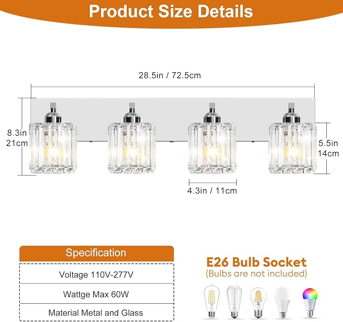 Brushed Chrome Crystal Bathroom Vanity Light, 4-Light Modern Bathroom Lighting Fixtures Over Mirror,Chrome Wall Sconce Light Fixtures with Square Shade