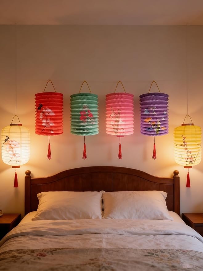 Set of 5 Paper Lanterns with Vibrant LED Lights, Hanging Paper Lanterns 6.4inches Variety Color Decoration for Birthday Wedding Shower Party New Year Classromm Decor