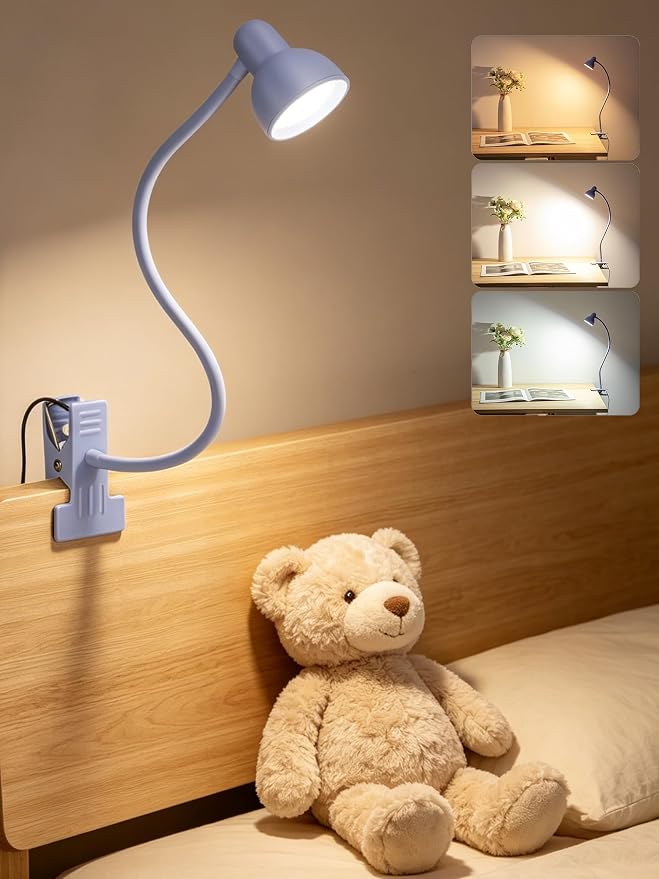 Clip on Lamp USB Reading Light, 3 Color Modes Purple | 10 Brightness Dimmable, Flexible Gooseneck Desk Lamp with Clamp, Eye Care Clip on Light for Bed Headboard Desk Home Dorm