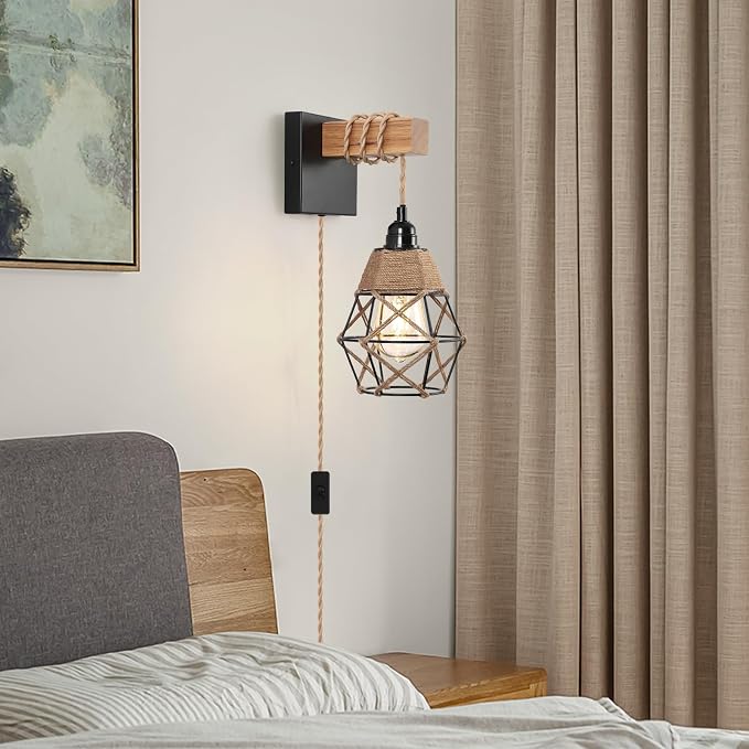 foucasal Plug-in Wall Sconces Set of Two, Rustic Farmhouse Wall Lamp | 8.75FT On/Off Switch Cord, Indoor Rustic Wall Mounted Lamps Set of 2 for Bedroom, Living Room, Bathroom, Entryway, Porch