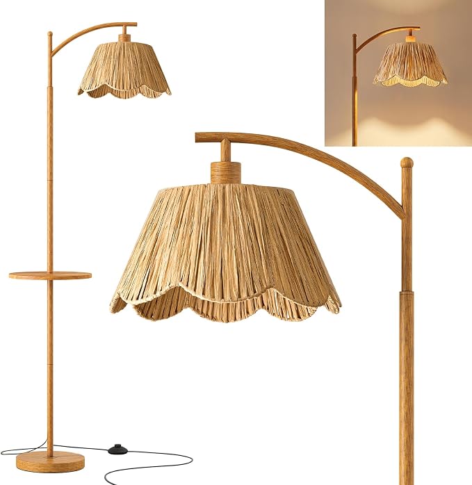 63.5" Floor Lamp with Table for Living Room, Boho Rattan Standing Lamps with Foot Switch, Farmhouse Floor Lamp for Bedroom, Arc Tall Lamp with Metal Base&Pole, Bulb not Included, Woodgrain