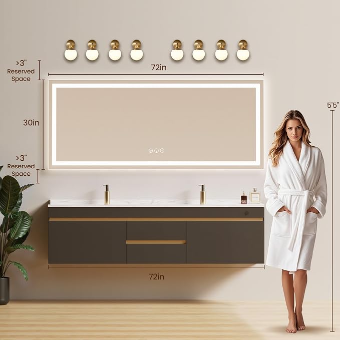 72x30 LED Bathroom Mirror with Anti-Fog, Backlit & Front Lit, Memory | Stepless Dimmable 3 Color CRI 95+ Shatterproof Tempered Glass ETL Listed for Safety Lighted Bathroom Vanity Mirror for Wall