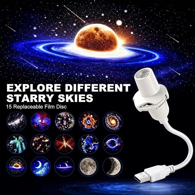 Projector Moon Galaxy Night Light for Bedroom, 15 Patterns LED Starry Sky Lamp with 360 Degree Flexible Gooseneck, for Home Decor Sleep Mood Lighting