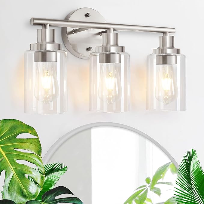 Vanity Wall Light Fixtures, Modern 3 Lights Wall Sconce with Clear Glass Shade, Brushed Nickel Farmhouse Wall Lamp for Bathroom Mirror Kitchen Porch Living Room Workshop (E26 Base) | Modern Wall Sconce with Clear Glass Shade, Brushed Nickel Farmhouse W...
