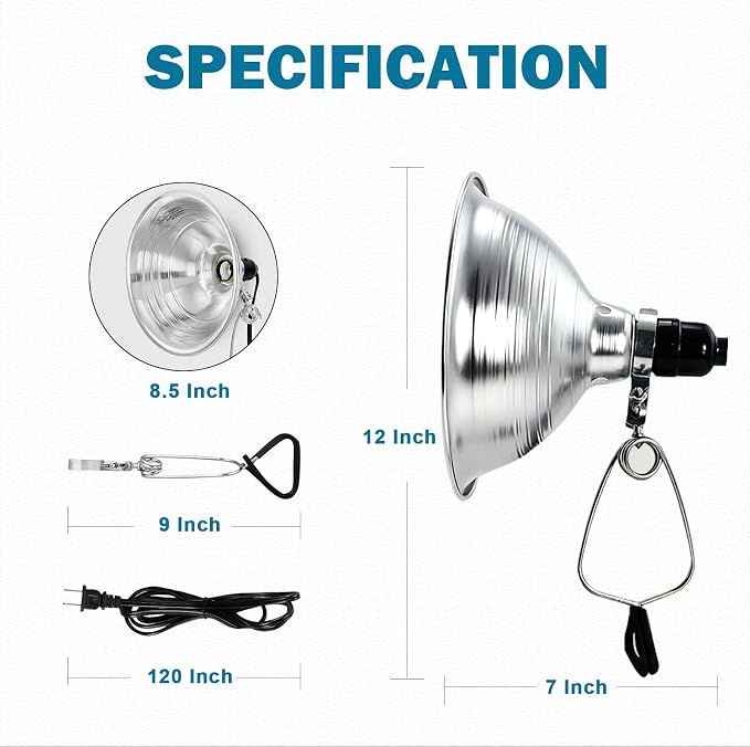 EP Clamp Lamp Light with Detachable 8.5 Inch Aluminum Reflector, 150 Watt E26 Socket (No Bulb Included), 10 Foot 18/2 SPT-2 Cord Cord, 1 Pack