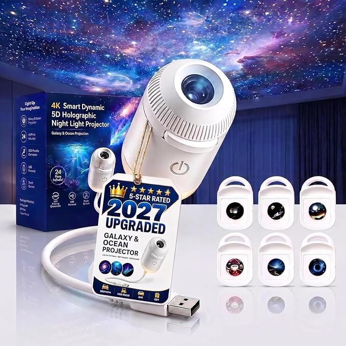 2027 New Smart Hd 5d Holographic Night Light Projector, Plug and Play Star , 360° Adjustable Hd Galaxy and Ocean Projector for Bedroom Ceiling (6Projection Films)
