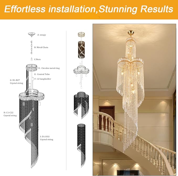 73-Inch Spiral Crystal Beaded Strands Chandelier for High Ceiling, 9-Lights Luxury Gold Foyer Pendant Light, Modern Semi-Flush Mount Ceiling Light Fixture for Entryway Staircase