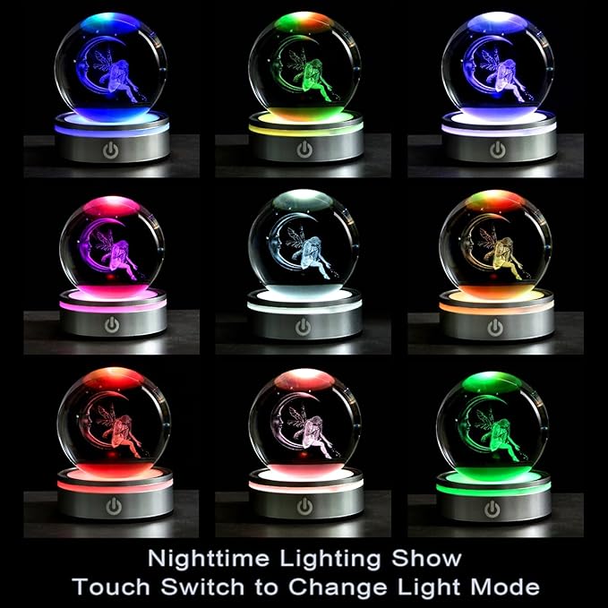3D Moon Fairy Crystal Ball with LED Stand, 80mm Fairies Figurines Decor Glass Sphere Balls Lamp Night Light Gifts for Women Kids Mom Girls
