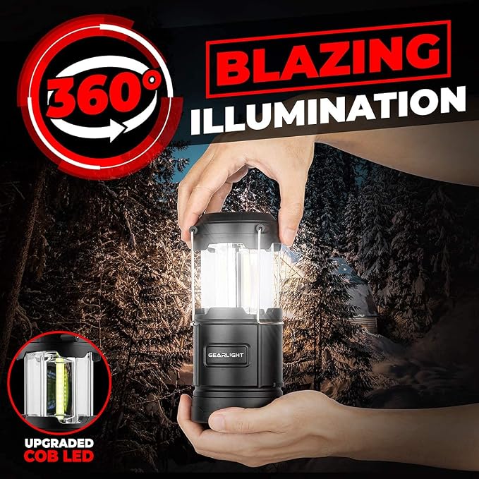 GearLight Camping Lantern - 2 Portable LED Battery Powered Lantern with Magnetic Base and Foldable Hook for Emergency Use or Campsites, Essential Hurricane Survival Kit with Batteries - Black