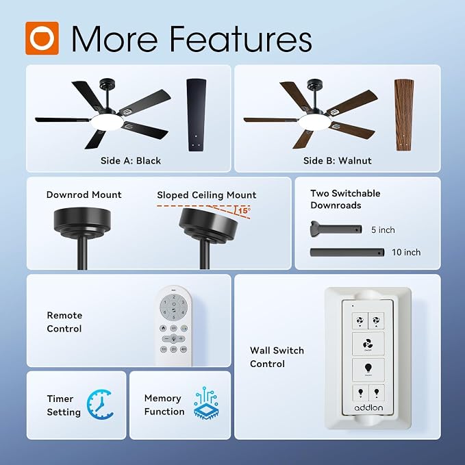 addlon 52 Inch Ceiling Fans with Lights and Remote Control, Wall Switch | Reversible DC motor, 6-speed, Timer, 3CCT Dimmable, Quiet, Black Ceiling Fan for Bedroom, Living Room, Indoor/Outdoor Use