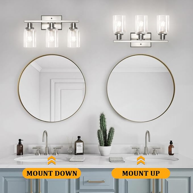 Ascher Bathroom Light Fixtures, 3 Light Vanity Light with LED Bulbs Included, Brushed Nickel Wall Sconces with Clear Glass Shades for Mirror, Kitchen, Living Room, Hallway, Cabinet