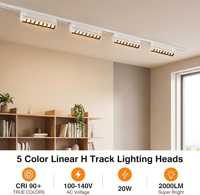 5 Color Linear H Track Lighting Heads Dimmable, White 20W 4 Pack | LED Track Lighting Fixtures Ceiling Grille Light, H Type Track Heads Compatible with H Track Lighting Rails