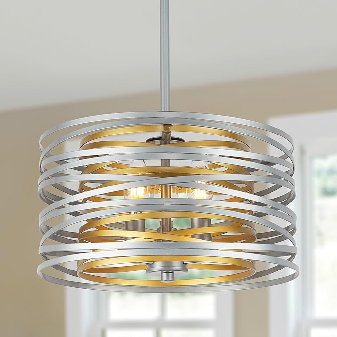 ACNKTZ 12.6'' Drum Pendant Light Fixture Hanging, Retro Semi Flush Mount Chandelier, Silver Chandeliers for Dining Room Bedroom Stairwell Breakfast Area, Silver with Gold Interior