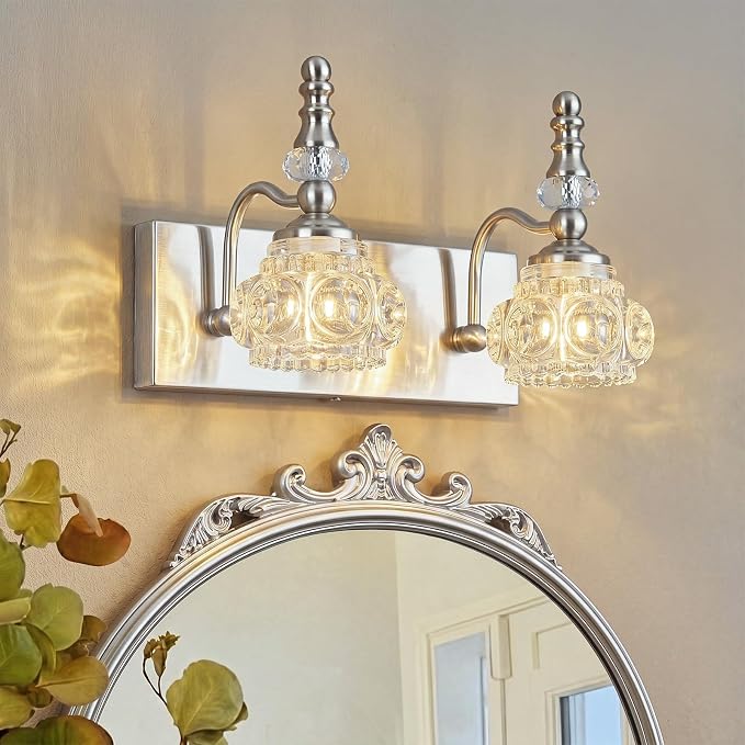 Modern Glass Crystal Vanity Light - Vintage Bathroom Lighting Fixtures Over Mirror, 2 Light Vanity Lights G9 Bulb (11.81 Inch, Nickel)