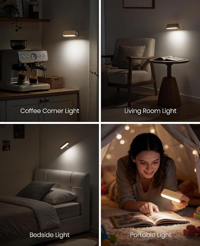Wood Wall Sconce, Rechargeable Reading Light, Magnetic Bedside Lamp | Bedside Reading, 360° Rotation, Stepless Dimming, 4000K Natural Light, Magnetic Installation for Bedroom Wall Lamps
