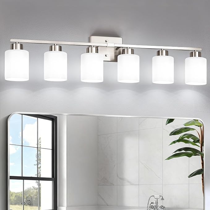 FonmYim Brushed Nickel Bathroom Light Fixtures Vanity Lights Over Mirror | Modern 6-Light lighting fixtures for bathroom with Milky White Frosted Glass Shades, E26 Socket (Bulbs Not Included)