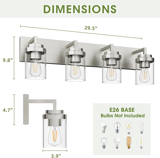Bathroom Lighting Fixtures, 4-Light Bathroom Vanity Lights Over Mirror, Brushed Nickel Vanity Light with Glass Shade, Modern Vanity Lighting Fixtures for Bathroom, Bedroom, Hallway