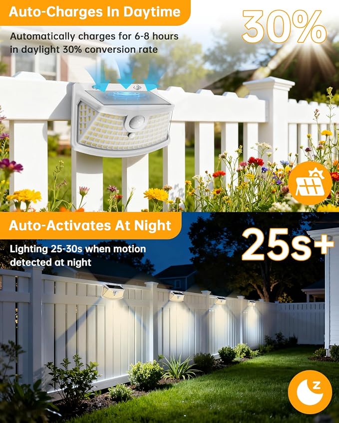 Aootek Solar Motion Sensor Lights Outdoor 120 LEDs, White, 2 Pack | Lights Reflector, 270° Wide Angle, IP65 Waterproof, Step Lights For Front Door, Yard, Garage, Deck