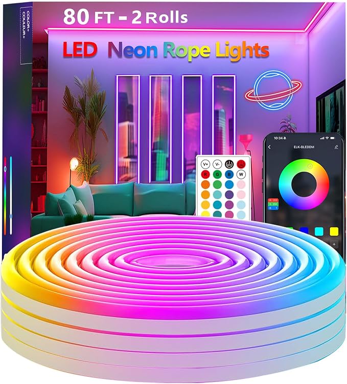 80FT Neon Rope Lights,Flexible Led Light Control with App/Remote,Multiple Modes,IP65 Outdoor Waterproof,Music Sync Strip for Bedroom