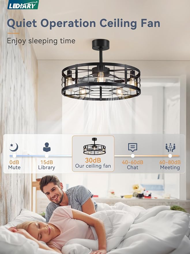 LEDIARY 26 inch Fandelier Caged Ceiling Fan with Light and Remote, Black | 6 Speed Adjustable,Timing, Quiet & Powerful DC, Large, Farmhouse, Industrial, Enclosed, Bladeless, Bedroom, Kitchen, Downrod