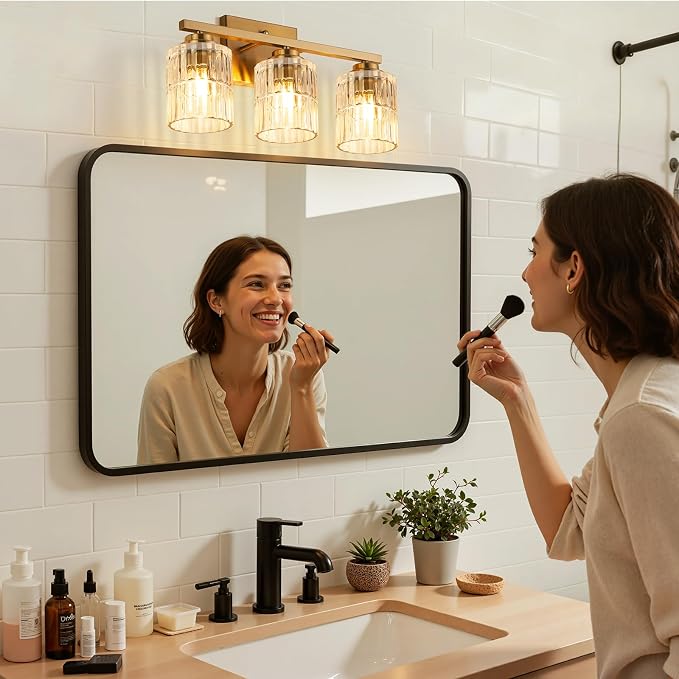TALOYA Gold 3-Light Bathroom Vanity Light with Fluted Cylinder Glass Shade | Modern Vanity Lighting Fixtures, Bathroom Lights Over Mirror, Wall Mount Mirror Light Fixtures for Bathroom Hallway Bedroom