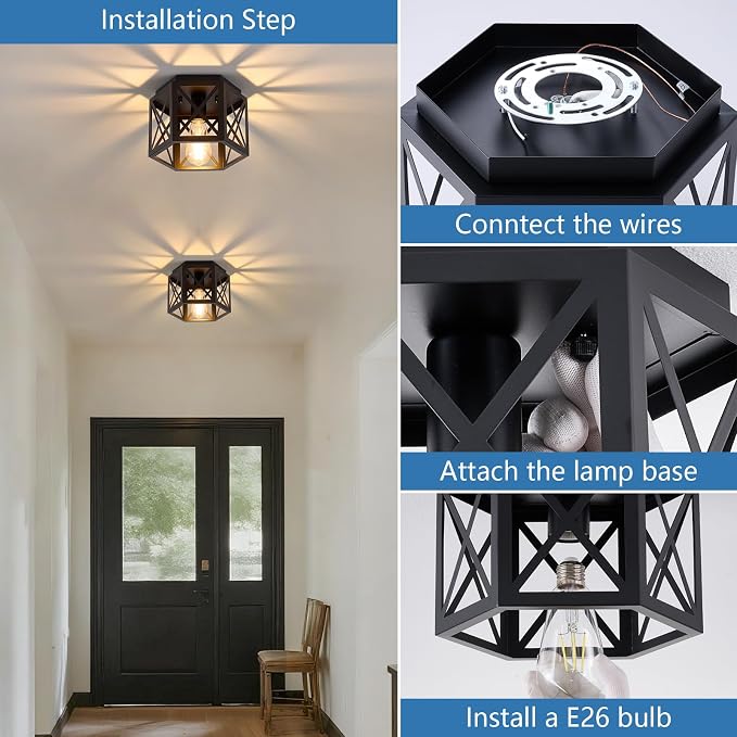 XSDeTu 2 Pack Flush Mount Ceiling Light, 1-Light Black Light Fixtures Ceiling Mount, Small Flush Mount Lamp with Hexagonal Metal Cage, Farmhouse Chandeliers for Hallway Kitchen Sink Entryway Foyer