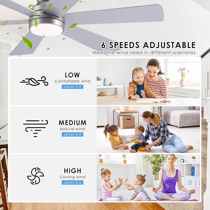 Asyko 46" Silver 6-Blade Modern Low Profile Ceiling Fan with Light & Remote | 6 Double-Sided Blades,6 Wind Speeds, Reversible,Dimmable 3 CCT LED Light, 25W Quiet DC Motor,1/2H Timer,for Bedroom Kitchen