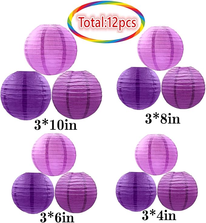 Purple Paper Lanterns 12Pcs Hanging Round Paper Lanterns Decorative for Graduation Baby Shower Wedding Birthday Family Parties ﻿