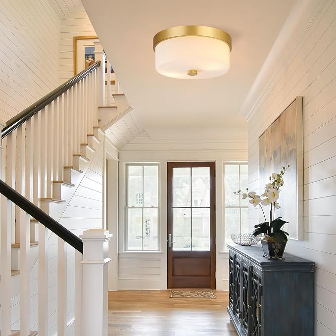 szzgco Flush Mount Ceiling Light Fixtures, 2-Light Gold Ceiling Mount with Milky White Glass Lampshade, Industrial Flush Mount Light Fixture Farmhouse for Hallway, Kitchen, Entryway and Foyer