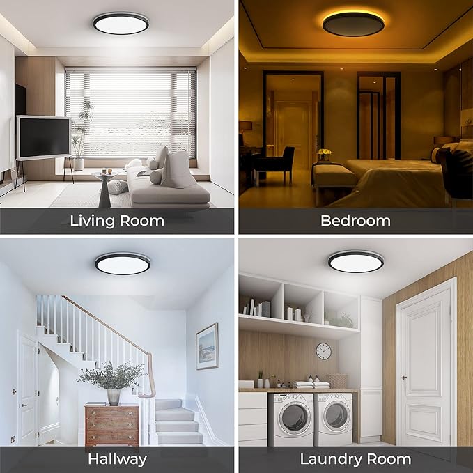 Matane 12 inch LED Flush Mount Ceiling Light with Night Light, 2400LM Dimmable, 3000K/4000K/5000K Selectable, Round Ultra-Thin Black Ceiling Light Fixture for Bedroom, Kitchen, Hallway, Closet