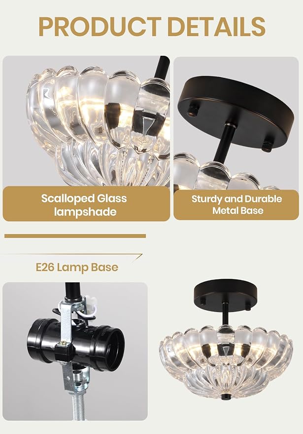 Semi Flush Mount Ceiling Light, Mini Vintage Black Close to Ceiling Light Fixture with Glass Shade, Modern Lighting for Bedroom Hallway Kitchen Laundry-Clear