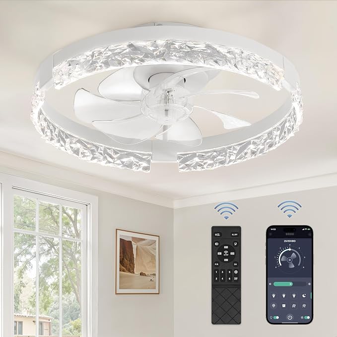 ZMISHIBO Ceiling Fans with Lights and Remote, 18 Inch Flush Mount Fan Light, 6 Speeds, 3CCT, Dimmable, Low Profile Ceiling Fan, Modern Ceiling Fan with Light for Bedroom and Living Room, White | 3CCT Dimmable LED, DC Motor, Bladeless, Reversible Blade,...