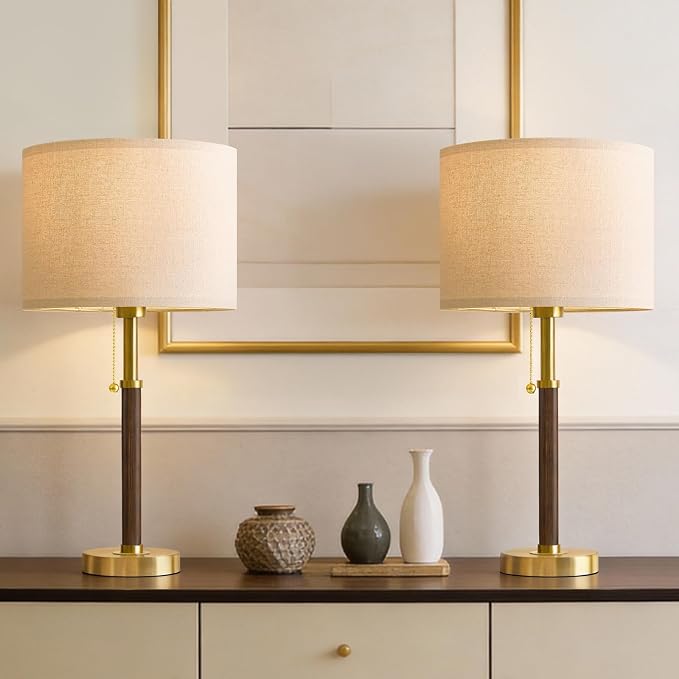G-SAFAVA 22" Table Lamps Mid Century Modern Lamps for Bedroom Living Room Bedside Lamps for Night Stands Wood Nightstand Lamp Gold Small Side End Table Lamps Set of 2 Vintage Home Deco Office Gifts